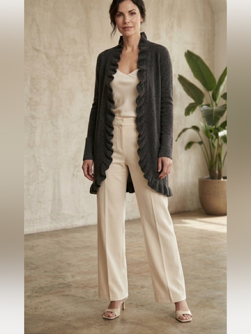 Periwinkle gray ruffle Cashmere cardigan wrap sweater